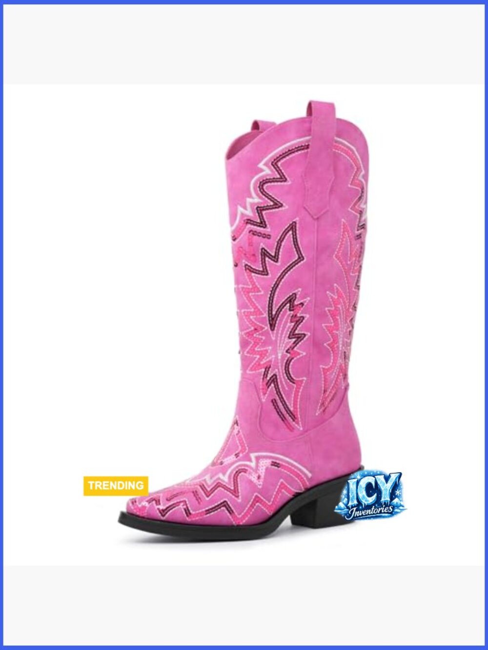 Sequin Embroidered Mid Calf Western Cowboy Boots Chunky Block Heel Pointed Toe - Picture 6 of 7